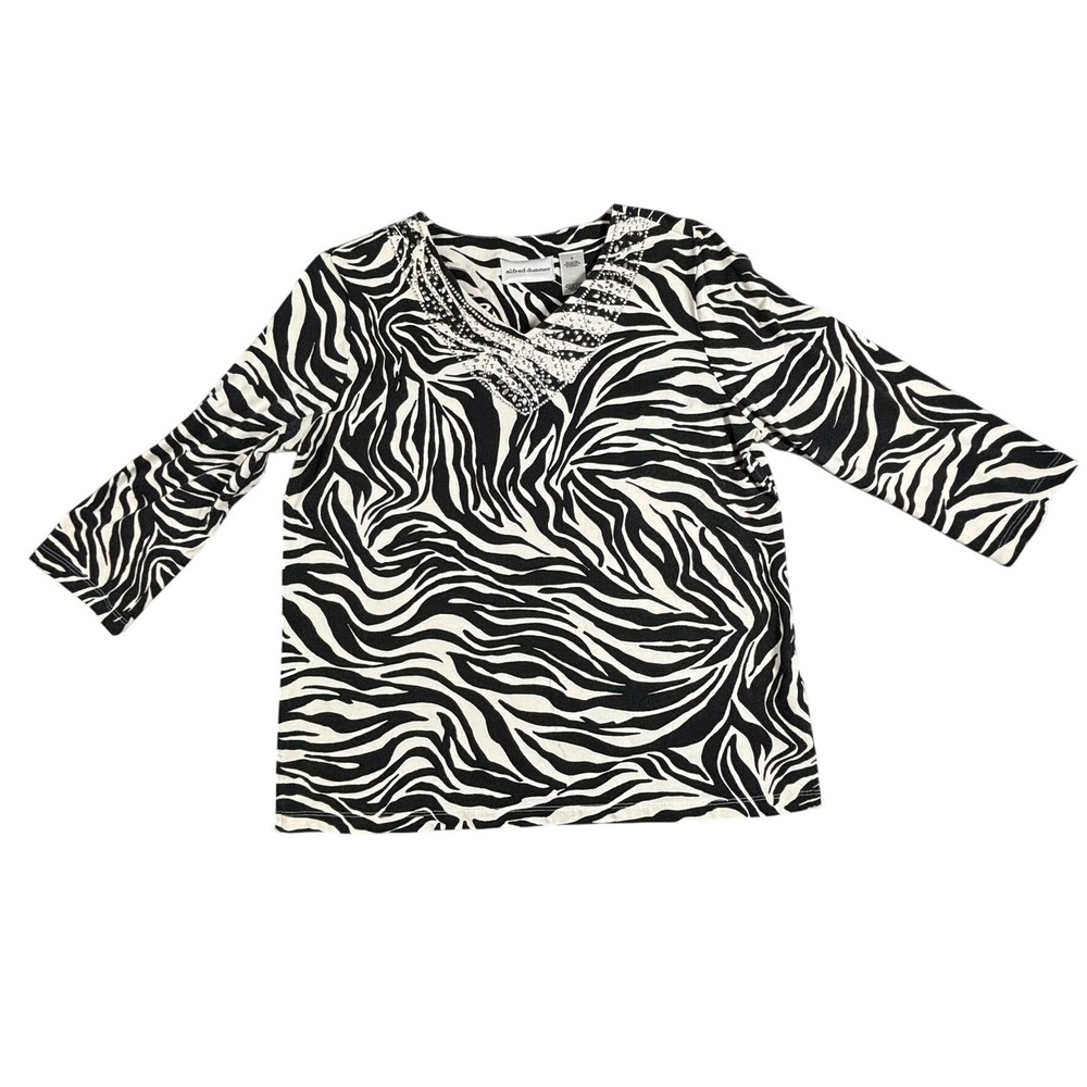 Alfred Dunner Women's Zebra Print V-Neck Rhinestone Embellished Top Size‎ S